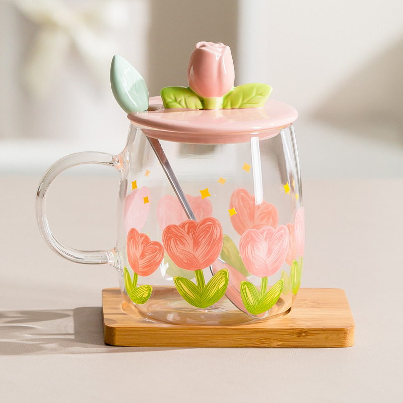 郁金香水杯高颜值玻璃杯女生礼物家用马克杯办公室恒温杯子带盖勺