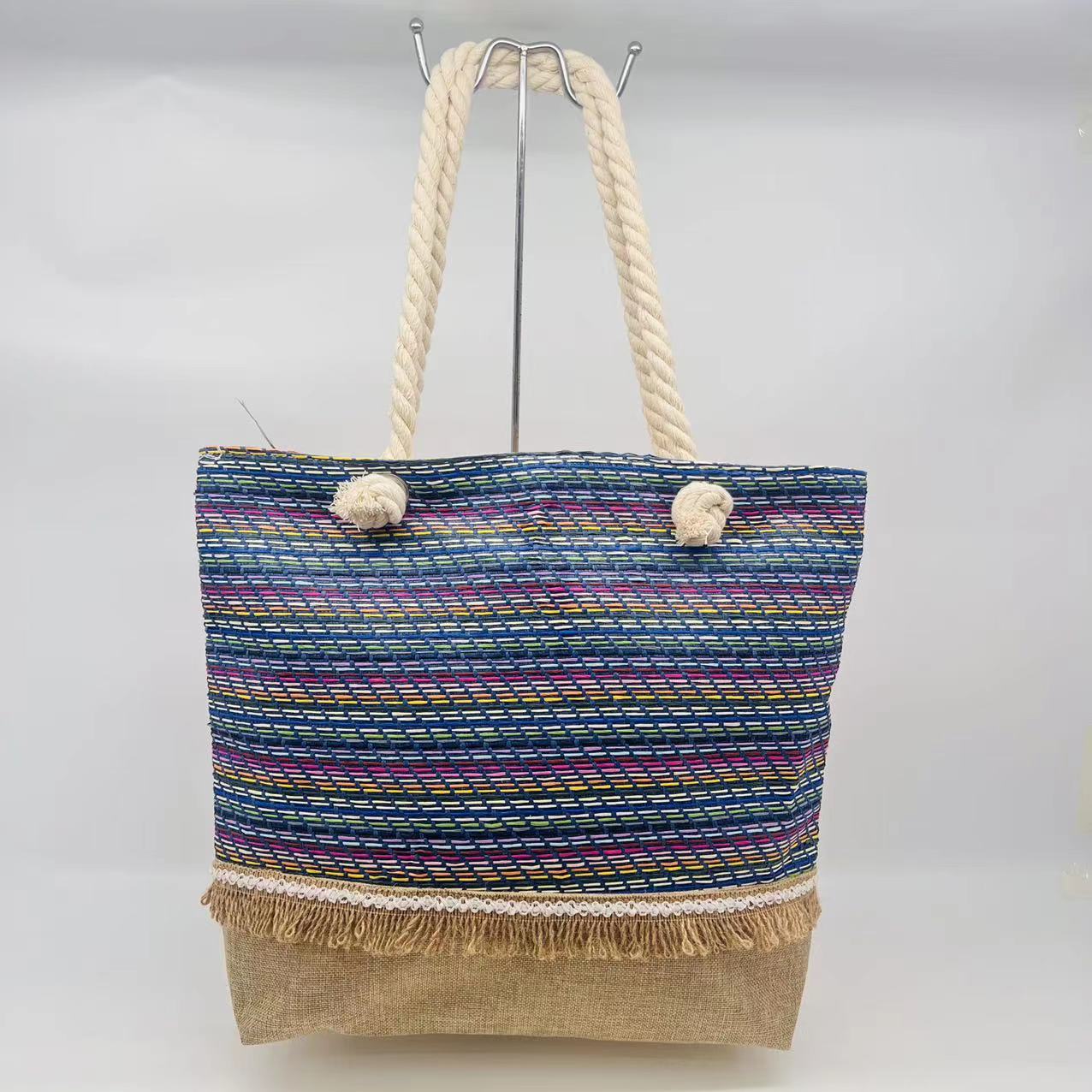 Double-Piece Single-Sided Cotton and Linen Straw Flow Bag Su Striped Women's Beach Bag Tote Bag Double Joint Women's Shoulder Bag Mummy