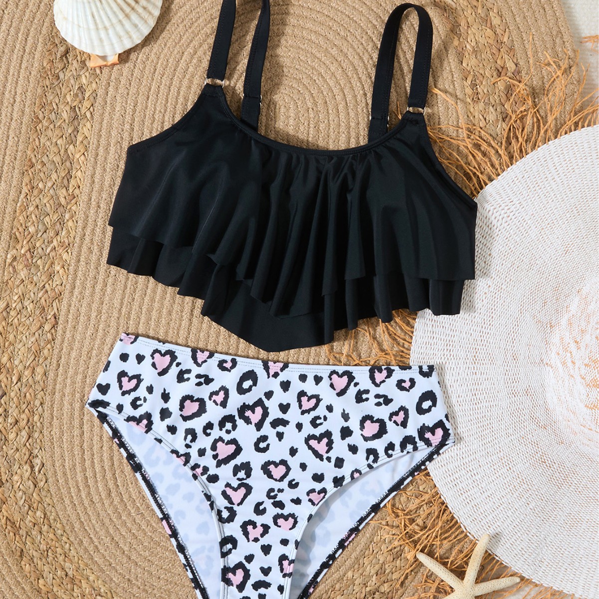 2025跨境欧美外贸新款高腰比基尼分体百褶游泳衣青少年泳装亚马逊