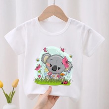 儿童T恤考拉在树上图案卡通男童T恤搞笑动物女童衣服夏季短袖童装