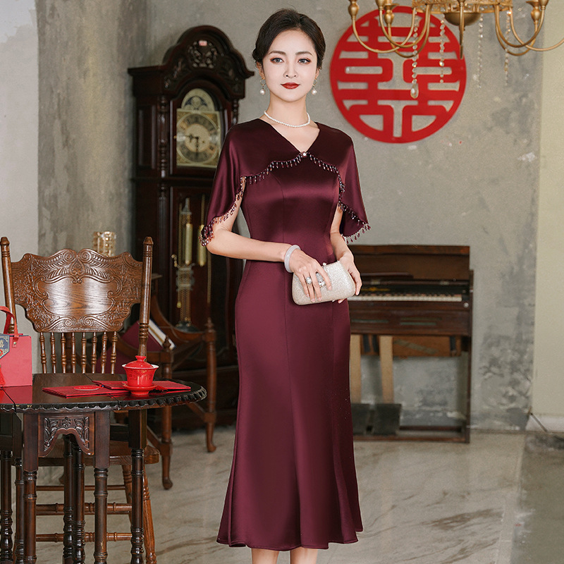 高端喜婆婆婚宴醋酸礼服裙女夏季新款优雅显瘦妈妈宴会敬酒鱼尾裙