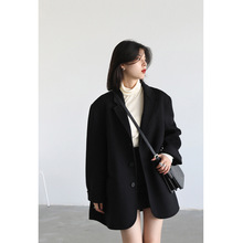 YT709秋季职业黑色韩版西装领羊毛毛呢纯色气质通勤单排扣减龄西