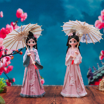 玲珑女孩汉服撑伞娃娃卡通手办复古风家居桌面装饰大摆件一件代发