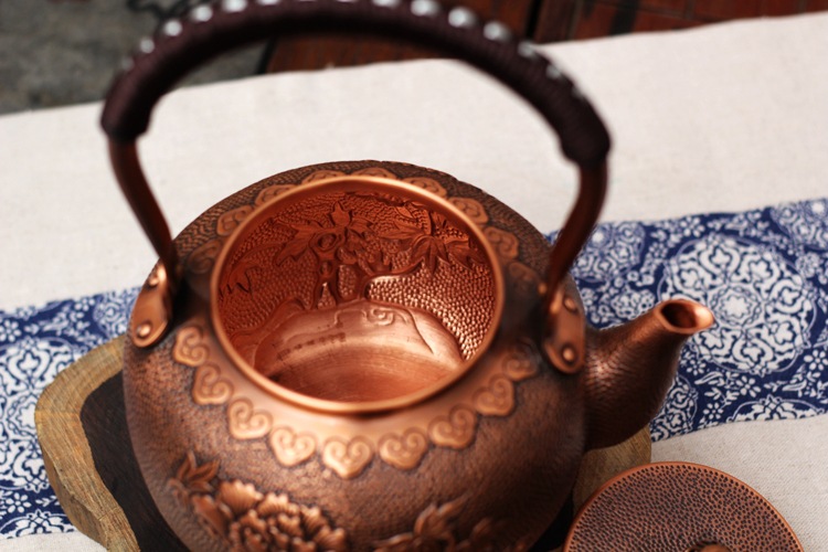 昆吾山【圆点牡丹】花开富贵手工雕刻铜壶茶具送长辈礼物摆件养生