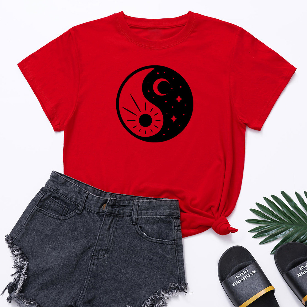 日月 太极八卦图 印花 外贸新款宽松休闲短袖t恤女