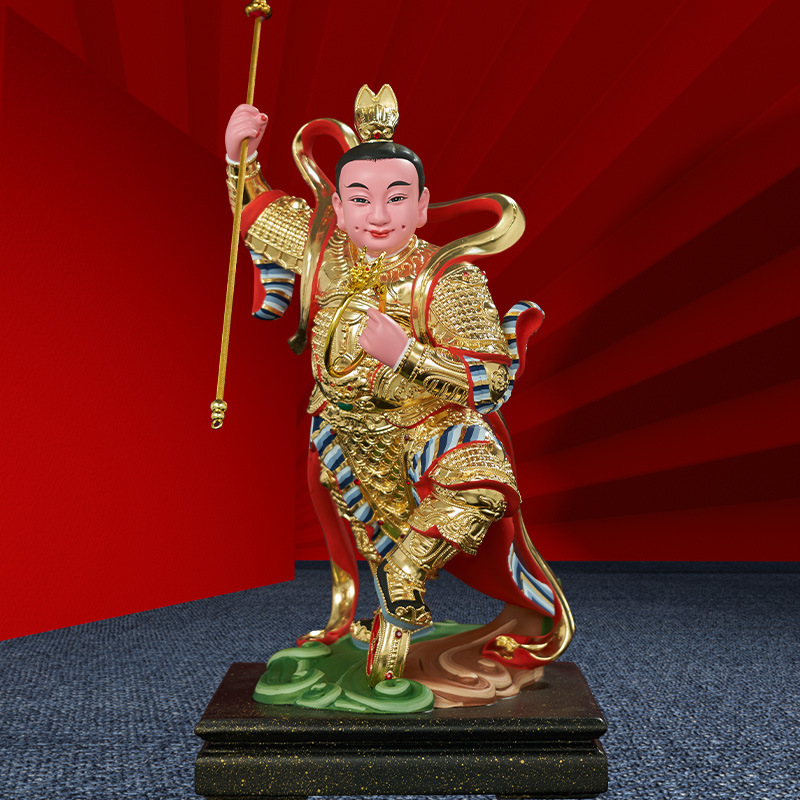 哪吒站单轮太子爷樟木雕中坛元帅三太子神像家居客厅供奉摆件佛像