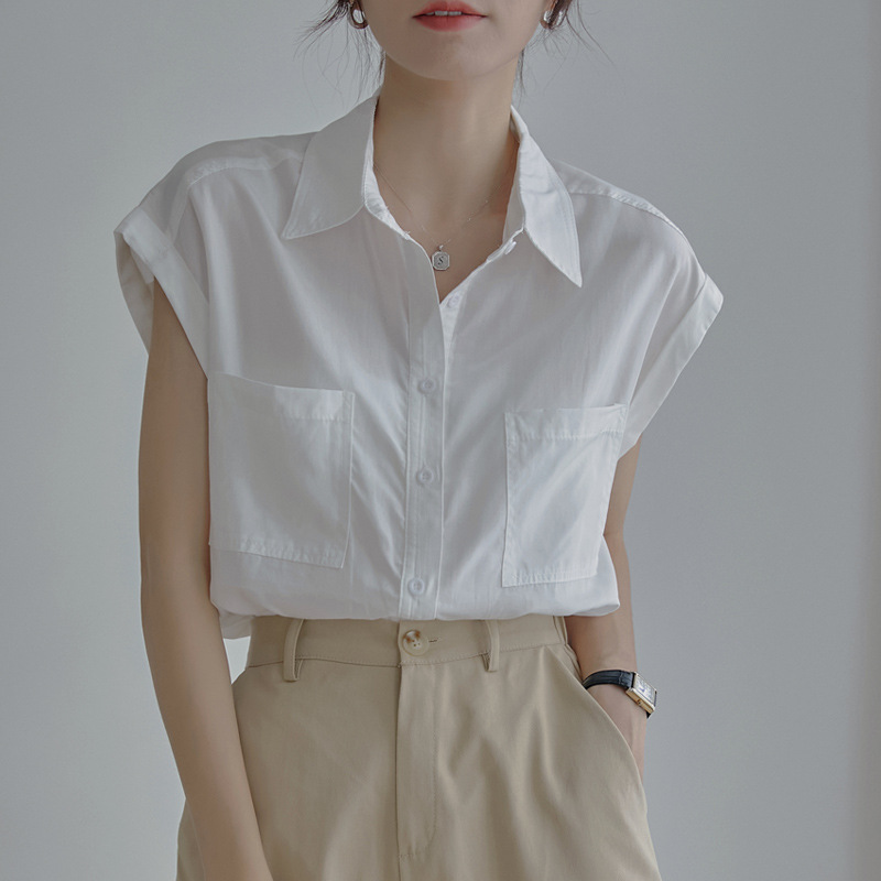 白色短袖衬衫女职业夏季设计感小众无袖雪纺衬衣气质百搭上衣垂感