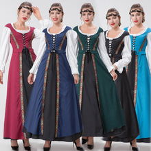 外贸欧美中世纪文艺复兴方领收腰两件套连衣裙复古宫廷话剧演出服