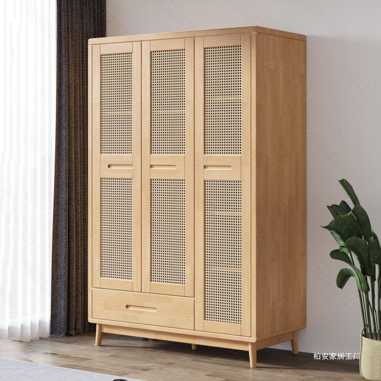 实木藤编衣柜家用卧室收纳柜子日式民宿家具原木对开门复古衣橱