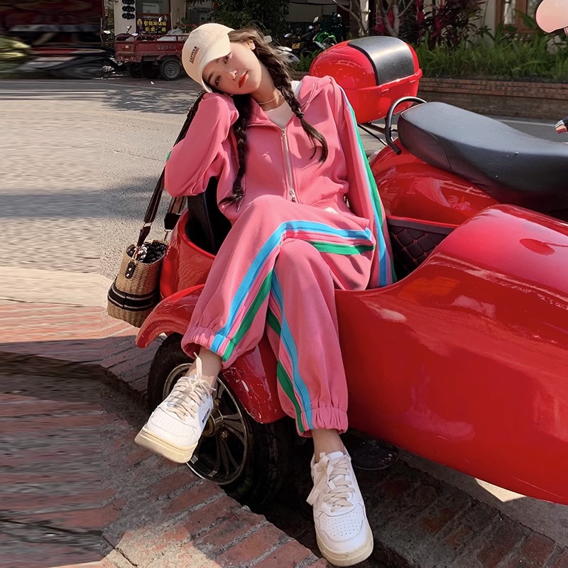 运动休闲套装女2021秋季新款女装韩版宽松百搭减龄撞色两件套撞色卫衣