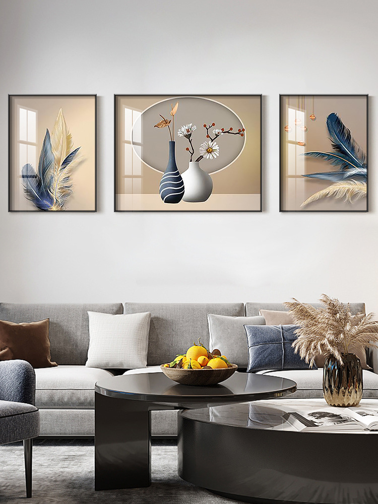 现代简约客厅装饰画沙发背景墙后面三联北欧挂画2021新款花瓶壁画