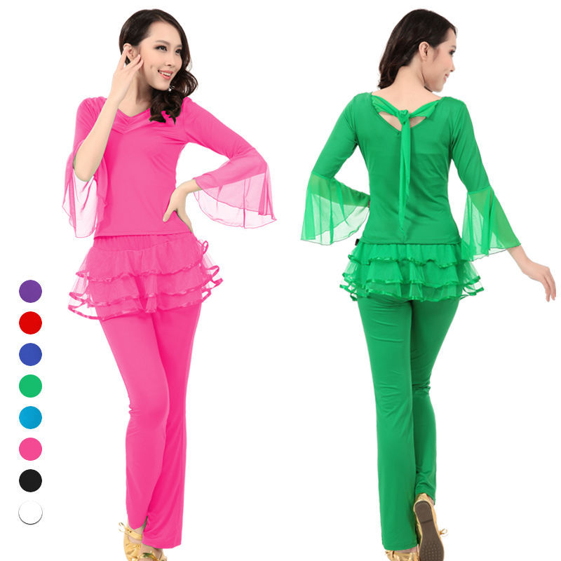 广场舞服装跳舞套装上衣飘逸舞蹈服蕾丝喇叭袖织带裙裤女舞裙春秋