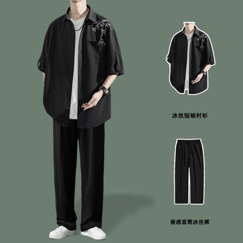 英伦风男士衬衫夏季冰丝一套短袖潮流薄款痞帅搭配西裤高级感套装