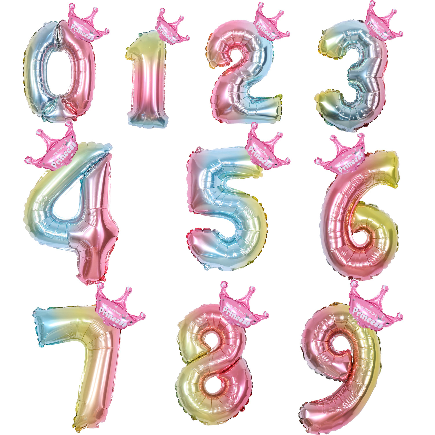 16寸数字气球 渐变色铝膜皇冠套装儿童周岁生日场景婚房布置批发