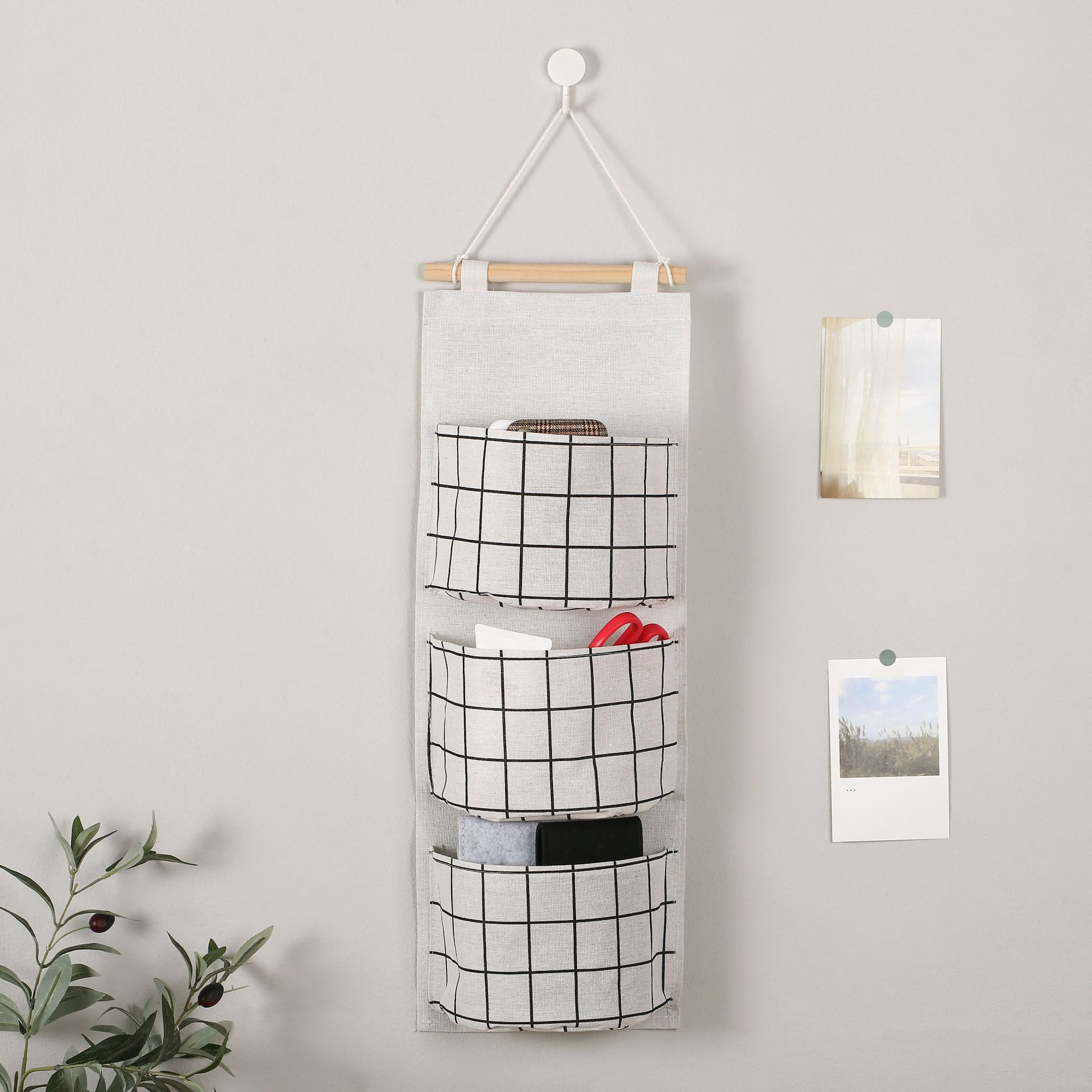 zakka创意棉麻防水收纳挂袋3层挂兜格子款布艺门后收纳袋杂物置物