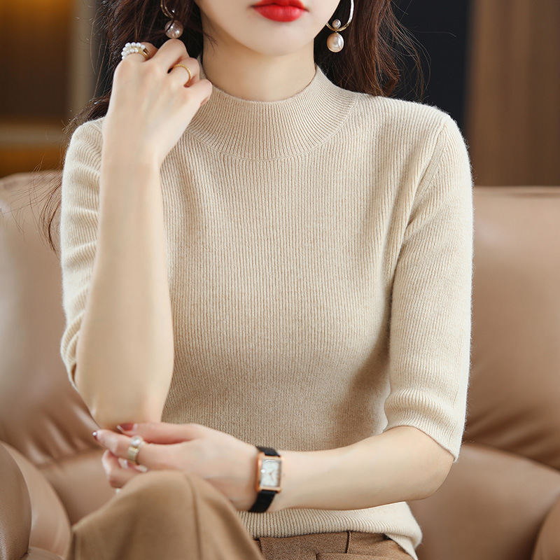 薄款针织衫半高领短袖t恤女夏季2023新款修身中领打底衫半袖上衣