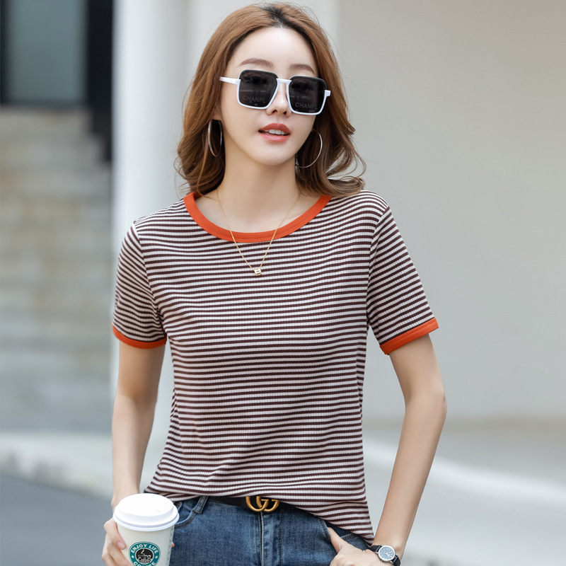 短袖条纹女士t恤休闲弹力韩版女装大码间条半袖女式打底衫t恤上衣