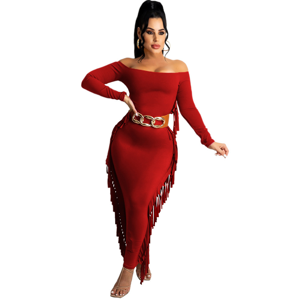 欧美女装亚马逊2021秋冬新款性感时尚露肩修身礼服流苏连衣裙女