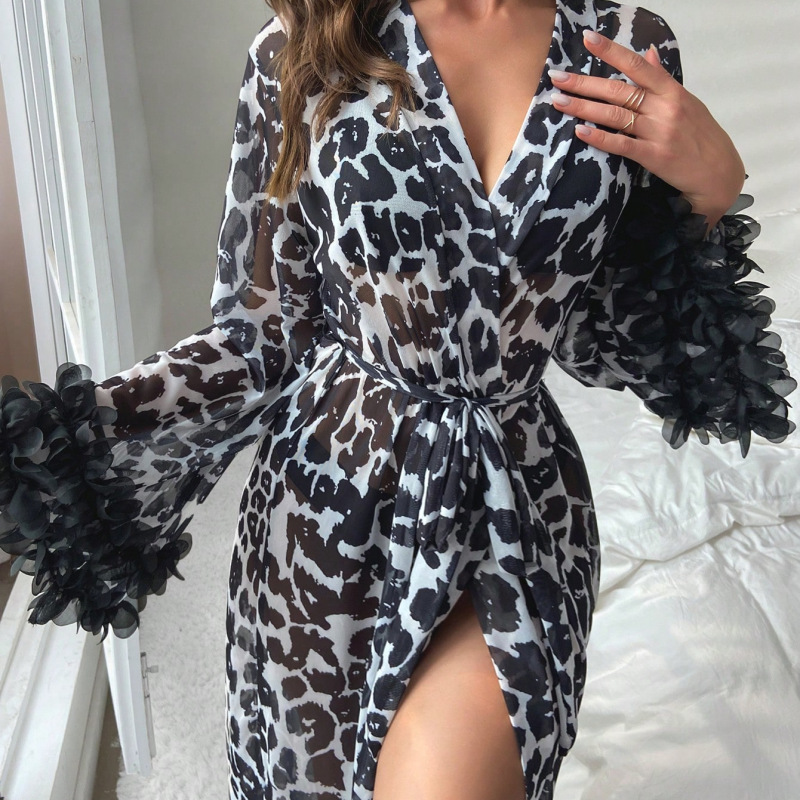 Cross-Border New Arrival Bathrobe Long European and American Sexy Print Pajamas for Women Casual Homewear Morning Gowns Leopard Robe