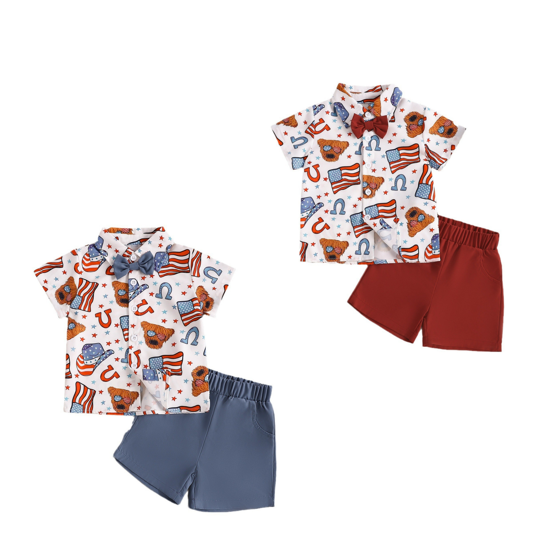 美国独立日童装2024跨境外贸男童夏季休闲短袖印花衬衫短裤套装