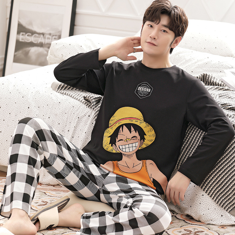 春季新款睡衣男士纯棉长袖卡通家居服海贼王路飞全棉睡衣套装外穿