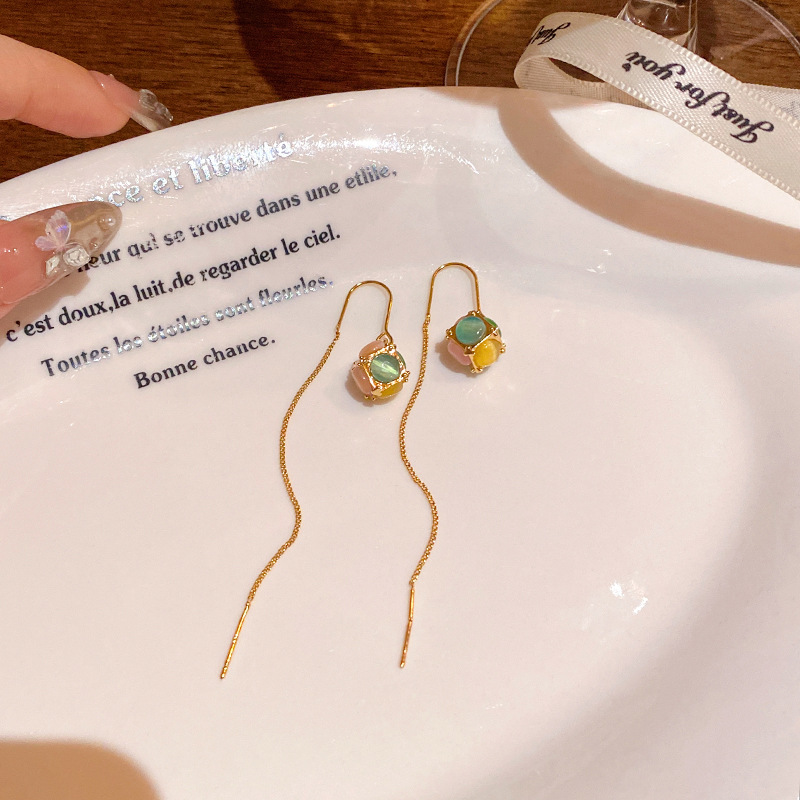 earrings jewelry fashion all-match temperament tassel hanging earrings niche romantic magical cube color opal stone ear studs