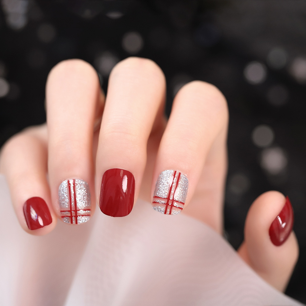 酒红双线美甲甲片nailfake无折痕假指甲新娘甲贴片甲贴美甲成品