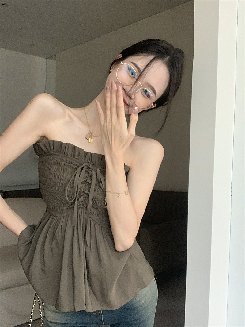 港味复古抹胸上衣女夏季外穿设计感小众辣妹美背短款褶皱性感裹胸