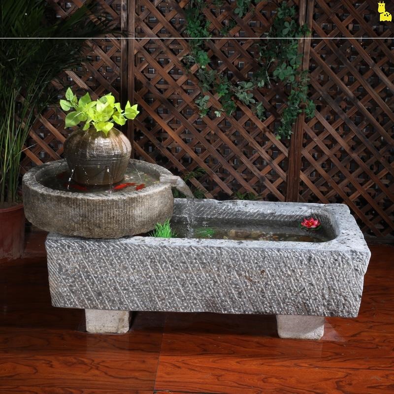 老旧石槽鱼缸牛槽养鱼池青石缸石头水槽室内造景户外庭院流水景观