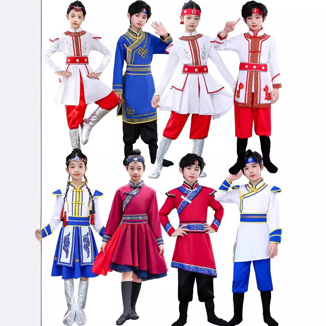 新款儿童蒙古族服装演出服男女童少数民族赫哲族舞蹈男蒙古袍套装