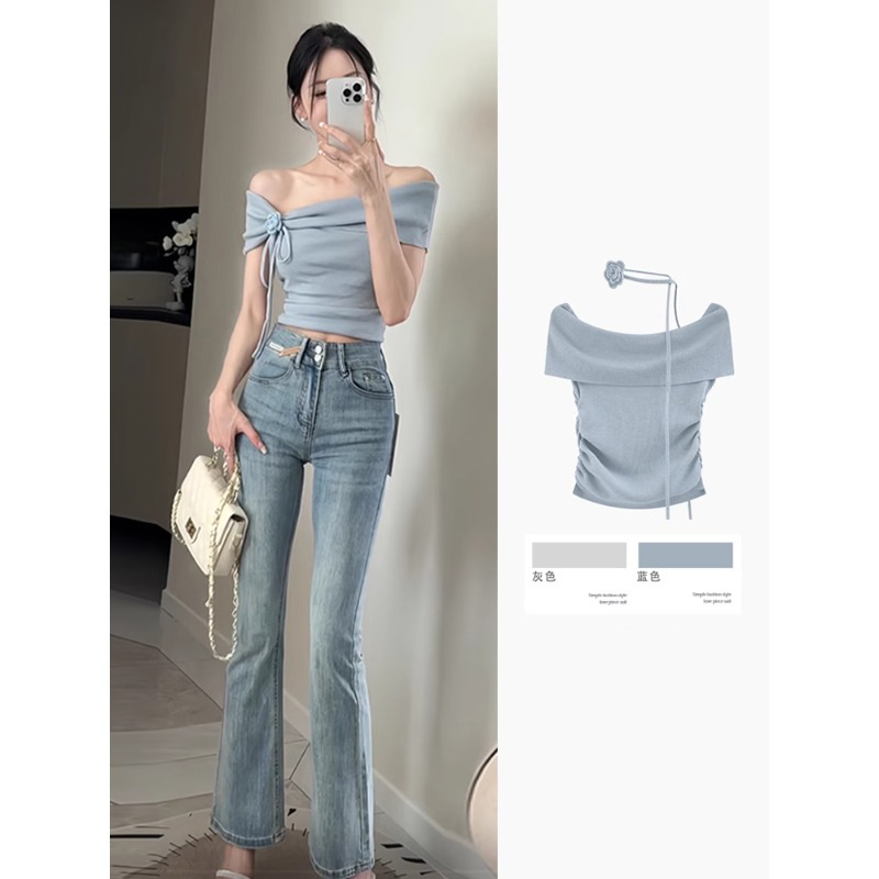 多巴胺蓝色女士短袖t恤法式掐腰花朵飘带短款洋气卡腰上衣一字肩