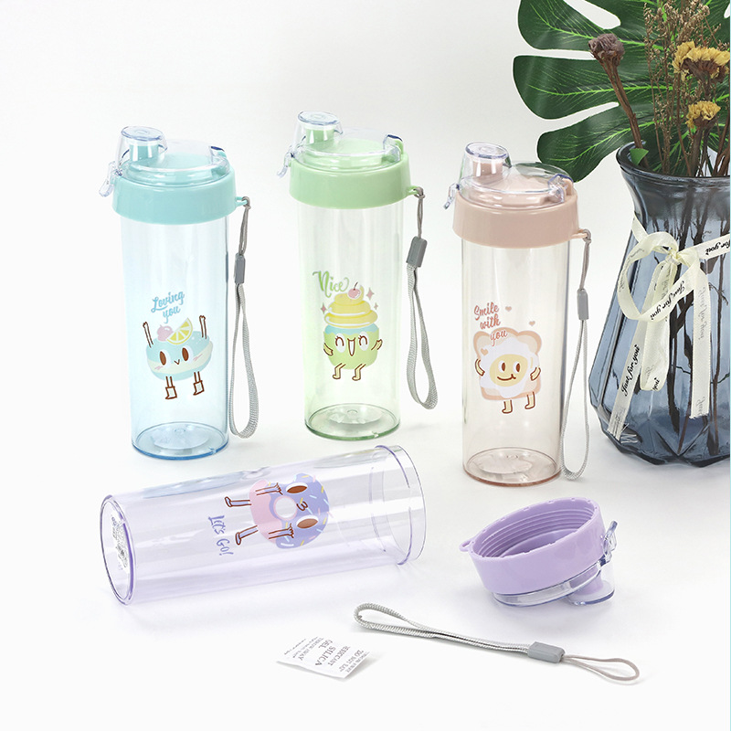 Dessert Series Plastic Water Cup with Portable Rope Cartoon Children Flip Water Cup Travel Portable Student Sports Kettle