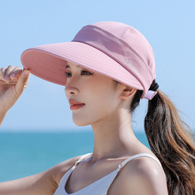 夏季女防晒帽防紫外线沙滩遮阳帽骑车防风帽空顶可拆卸太阳帽大檐