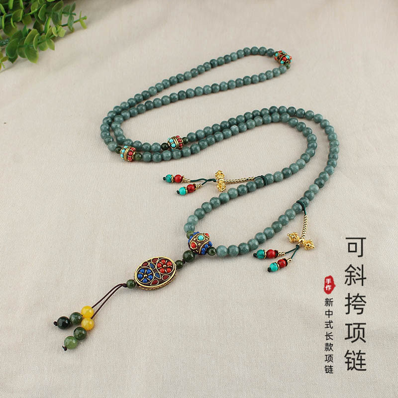 Retro Nepal Jade Beaded Long National Style Crossbody Chain Chinese Back Necklace All-Match Ethnic Style Ornament