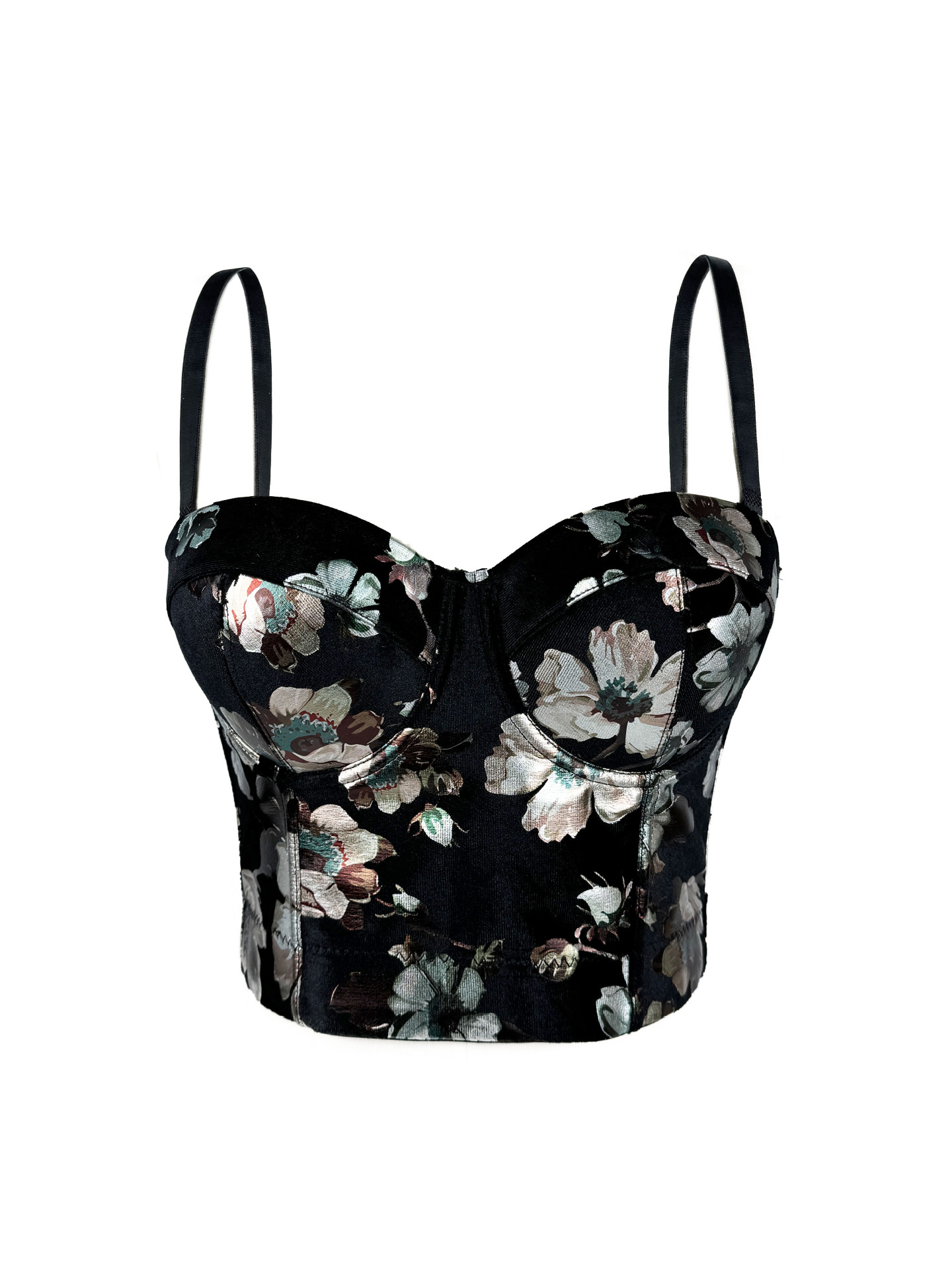 2024 autumn and winter velvet flower print elegant high-grade inner bra outer wear body shaping fishbone bra