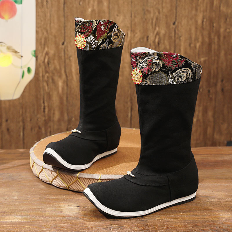 龙年古风汉服靴子内增高刺绣拼接布鞋男古代戏曲演出翘头中筒皂靴