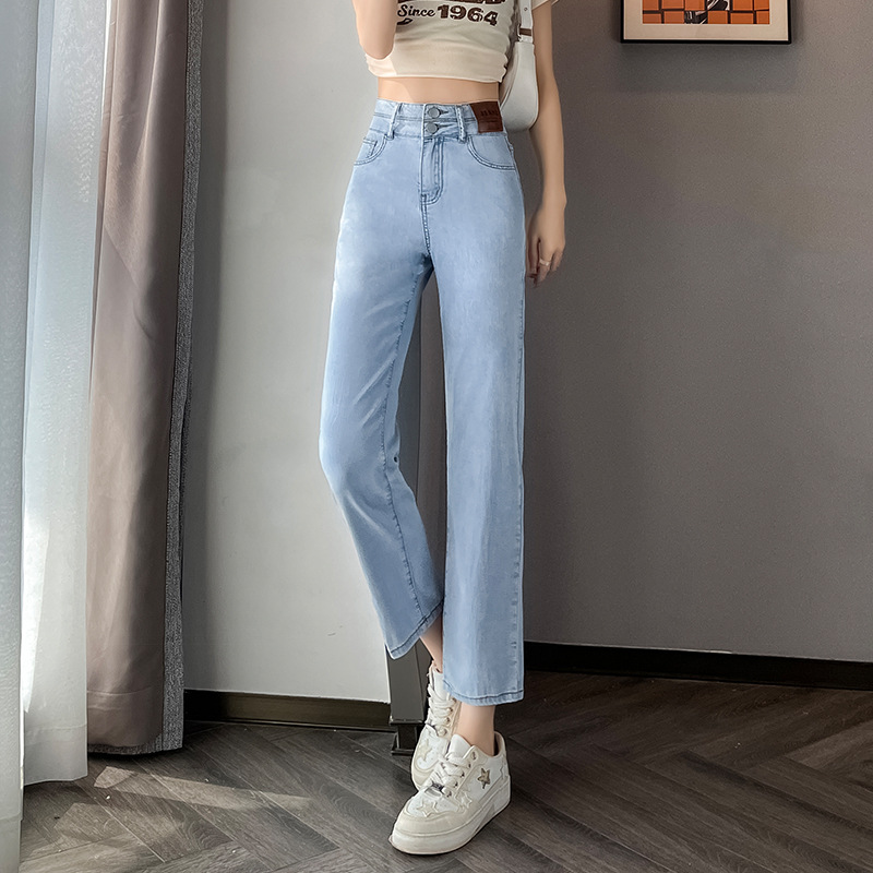 Real Shot Tencel Tobacco Tube Jeans for Women Summer High Waist Stretch Ice Silk Cool Little Man Straight-Leg Pants Cropped