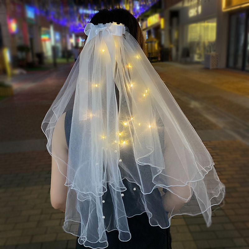 Luminous Veil Double-Layer Night Market Fantastic Stall Machine Internet Hot Photo Props Children's Fairy Pearl Headwear with Lights