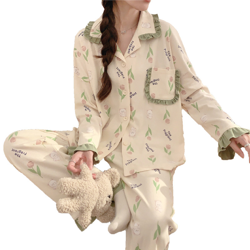 Women's Pajamas New Sweet Long Sleeve Homewear Spring and Autumn Cardigan Outerwear Knitted Cotton-like Printed Ladies