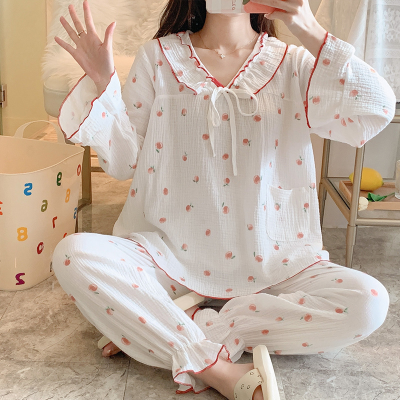 新绉布纯棉睡衣女长袖长裤家居服套装可爱水蜜桃翻领开襟春夏睡衣