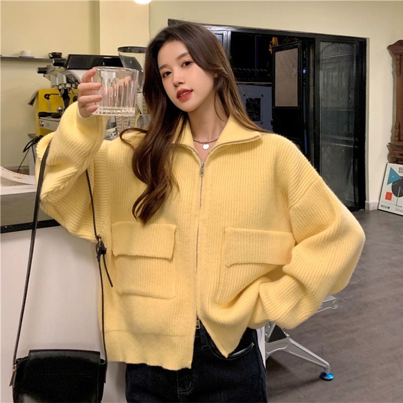 高级感针织开衫毛衣外套女 重工拉链开衫韩版宽松百搭针织衫上衣