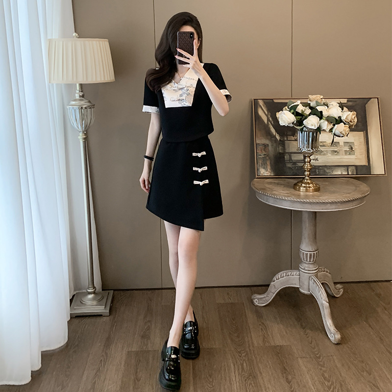 2405女装短袖短裙休闲时尚套装宽松修身收腰减龄春夏约会黑色套装