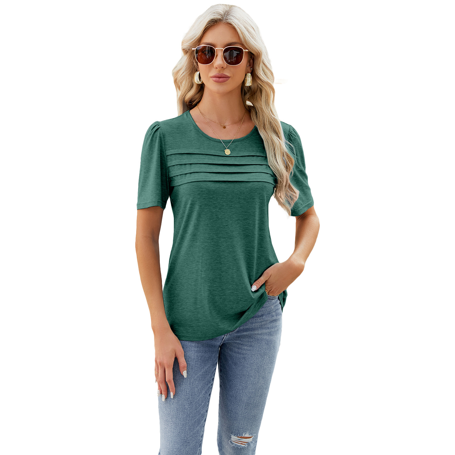 Cross-Border European and American Women's Clothing 2024 Amazon Independent Station Spring and Summer Foreign Trade New Solid Color U-Collar Peplum Top T-shirt for Women Women Clothes