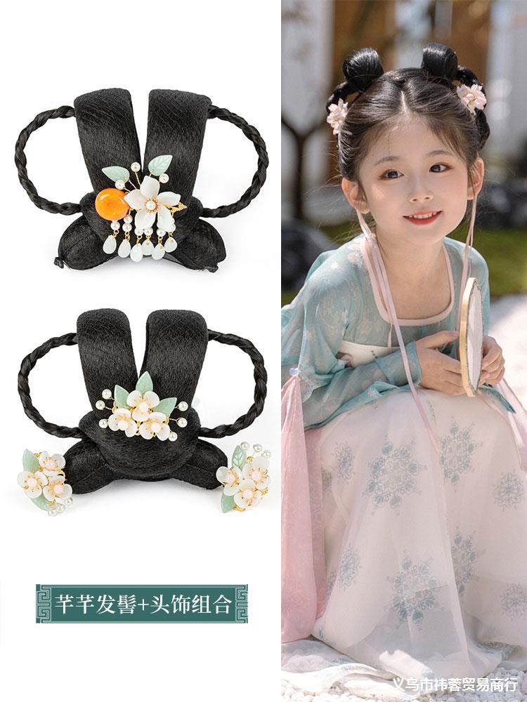 表演舞结头饰发包拍照唐装假发汉服古发髻女童古装儿童
