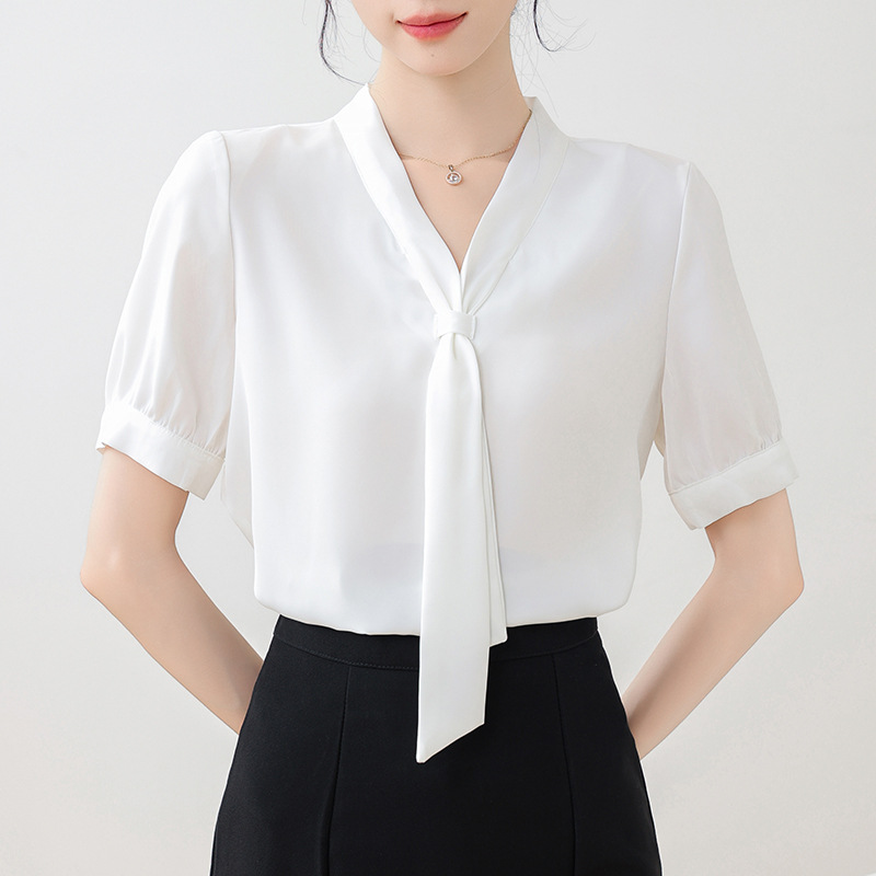 实拍 气质飘带短袖衬衫女夏季雪纺上衣2024新款高级感白色衬衣