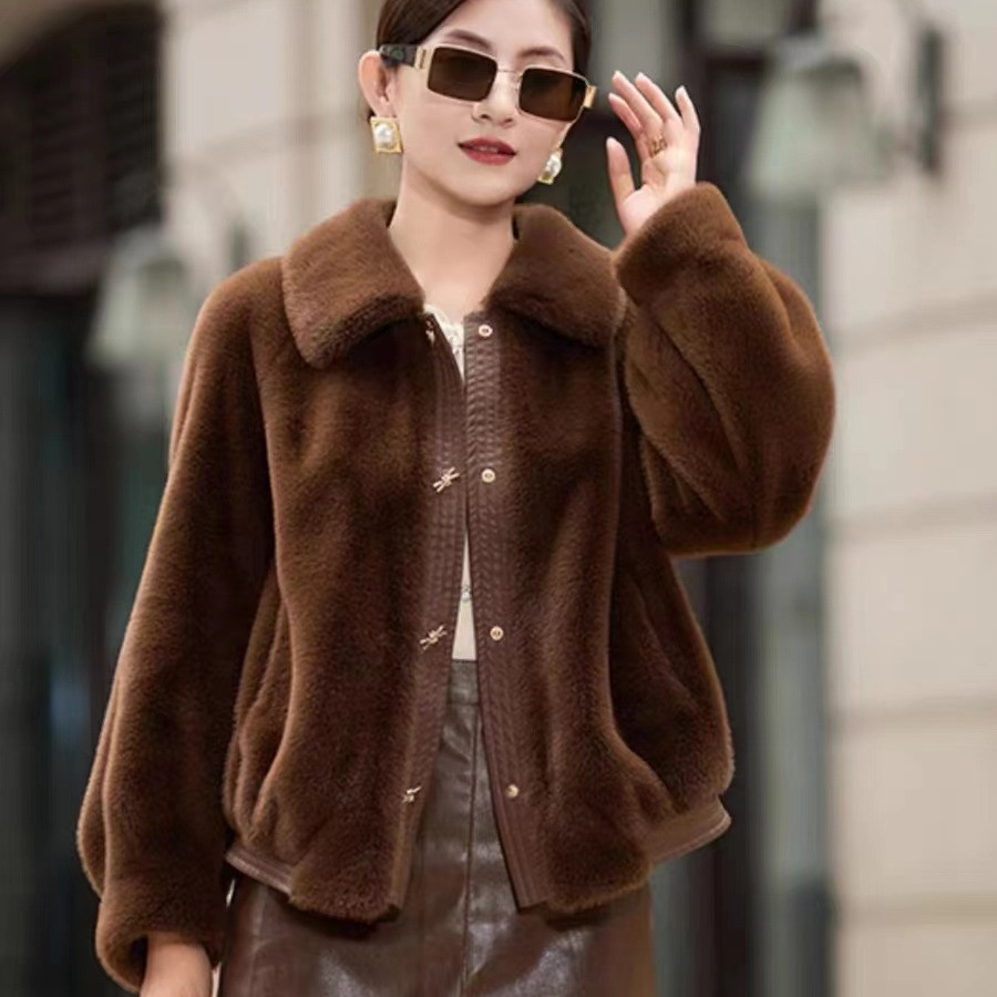 冬季新款仿金貂绒皮草上衣短款丹麦貂外套女皮毛一体高端气质大衣