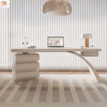 奶油风书桌小户型家用法式轻奢现代简约双层实木网红办公桌写字台