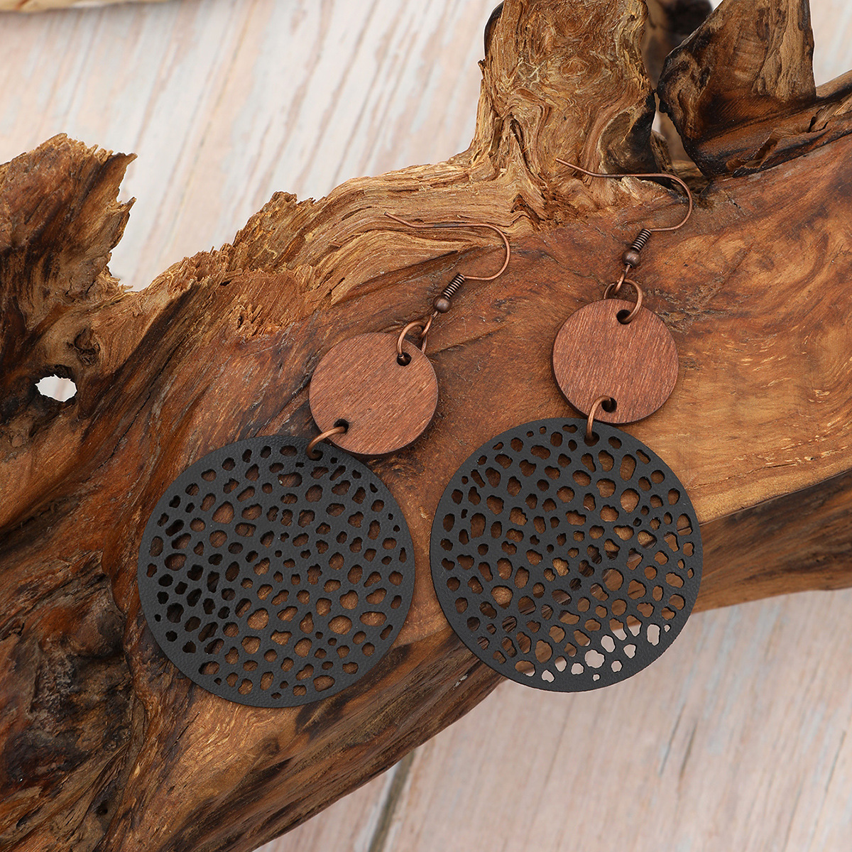 Cross-Border Hollow Wood Piece Combination Leather Earrings Earrings round Mesh Earrings AliExpress Amazon Xi Yin