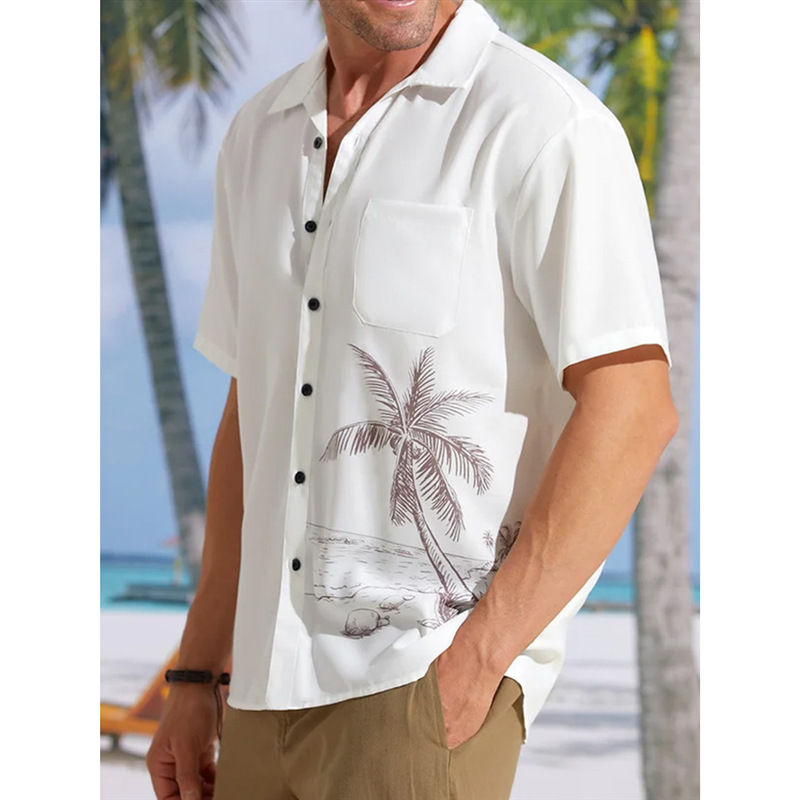 书瑶亚马逊跨境短袖大码temu元素椰子树印花衬衣男青年