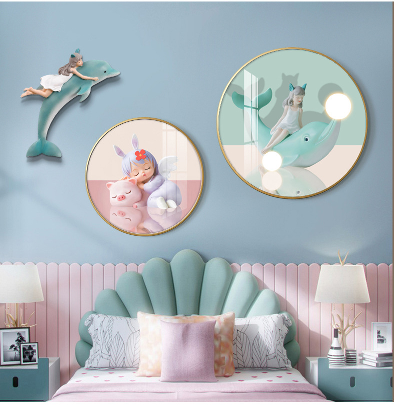 儿童房装饰画粉色女孩房间卧室床头挂画背景墙面壁画圆形立体墙画